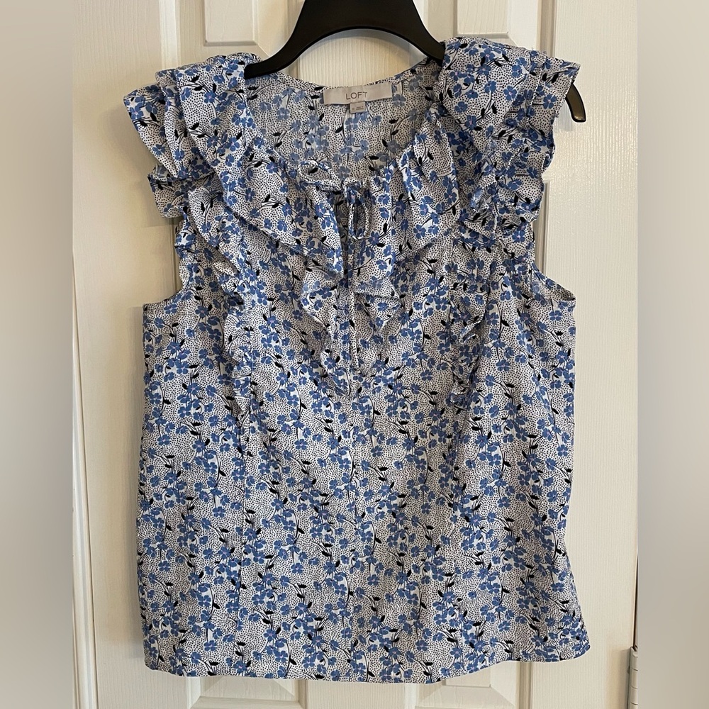 LOFT Blue and White Flutter Sleeve Ruffled Blouse
